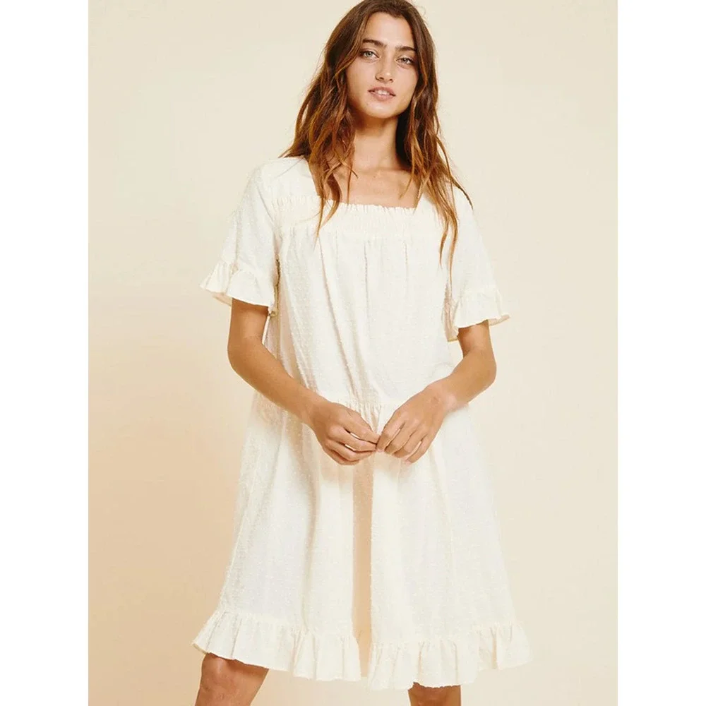 White Ivory Smocked Square Neck Ruffle Hem Dress - Picture 1 of 4